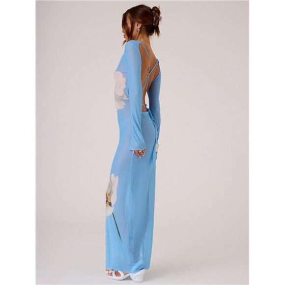 Women's Semi Sheer Floral Print Backless Maxi Dress - Picture 3 of 5